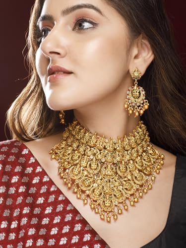 Image of Rubans Gold Plated Temple Necklace Set Traditional Statement Jewellery Gift for Women & Girls