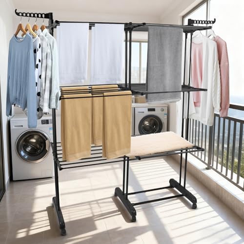 Étendoir Linge Intérieur - Grande Capacité Tour de Séchage Pliable, Pieds Rabattables- Séchoir à Linge Extensible en Acier Inoxydable - Format...