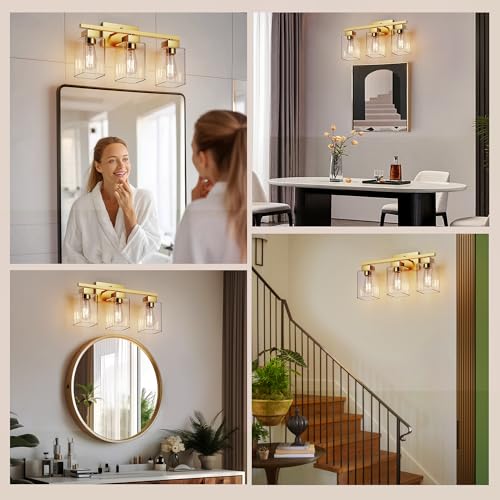 Image of PARTPHONER 3-Light Bathroom Light Fixtures, Brushed Gold Modern Vanity Lights, Bathroom Lighting Fixtures Over Mirror, Square Design Farmhouse Wall Sconces with Clear Glass Shades