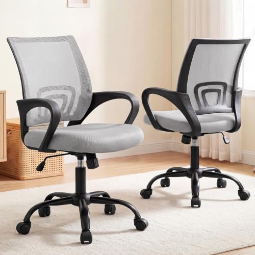 Image of DUMOS Ergonomic Home Office Chair, Executive Mesh Desk Chair, 2 Pack | Height Adjustable, Lumbar Support, Breathable Mid Backrest, Fixed Armrest, Rolling Wheels, Computer Gaming, Meeting, Gray