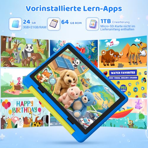 Laptok Kinder Tablet 10 Zoll, Android 16 Tablet für Kinder mit 24 GB RAM+64GB ROM(TF 1TB), Wi-Fi 6G, Widevine L1, 6000mAh… – Ansicht 3