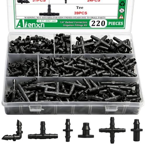 Aienxn 220PCS 1/4' Drip Irrigation Kit Barbed Connectors, Straight Barb, Tee, Single Barb, End Plug...