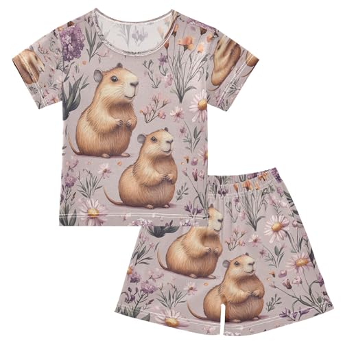 Pajama Sets Short Sleeve Floral Guinea Pigs Background Soft Cotton Summer Sleepwear 2 Piece PJS Size 5-14T