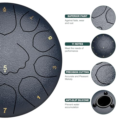 Image of Rain Drum for Outside Garden, 8 Inches 11 Notes Steel Tongue Drum, Waterproof Meditation Rain Chime, Musical Instruments for Adult Gift with Bag, Music Book, Mallets (Navy Blue)