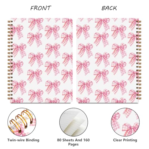Image of 2 PCs Coquette Pink Bows Spiral Notebook Trendy Preppy Plaid Bow Journaling Notebooks Aesthetic Design Gifts for Women Girls Note Book Writing Journal Hardcover Notebook Classroom Office Supplies