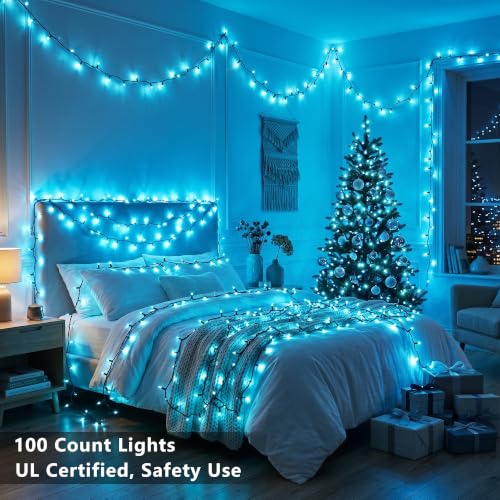 Image of BrizLabs Teal Christmas Lights Outdoor 100 Count 19.7ft Incandescent Christmas Lights Connectable Clear Light String UL Certified Xmas Mini Light Set Green Wire for Indoor Outdoor Tree Holiday Party