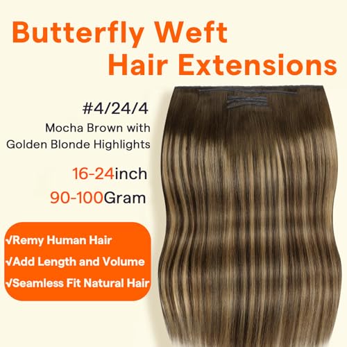 Image of Full Shine Butterfly Weft Hair Extensions 18 Inch 100g 5Pcs | Brown Ombre Blonde Remy Hair, Natural Volume, Invisible PU Holes, Wedding Styling, Micro Beads Installation