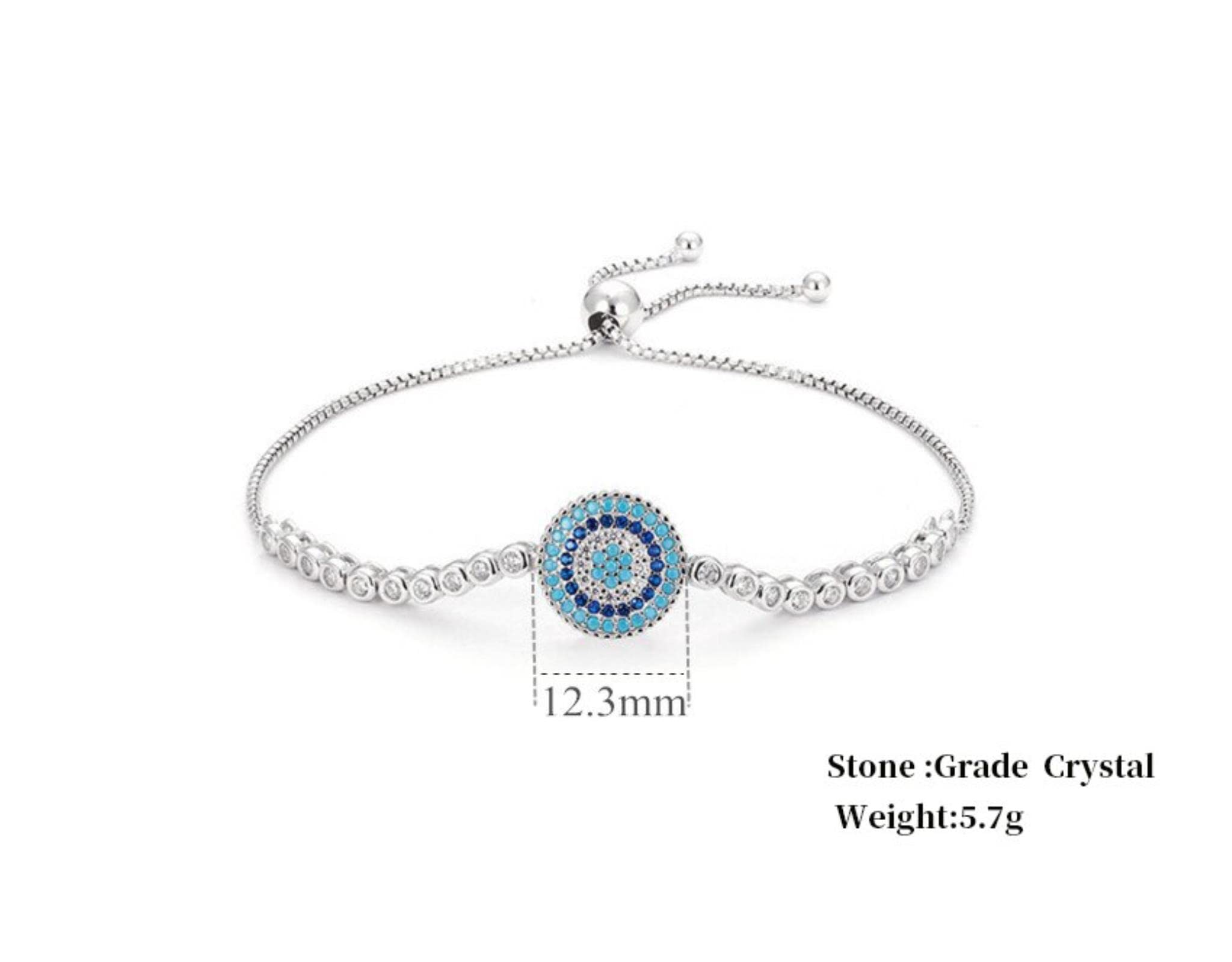 Plata De Ley 925 Lucky Round Blue Evil Eyes Power Tennis Bracelet Pave Cz Cadena De Caja Ajustable Joyería Fina