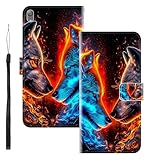 WUACYEAMING für Sony Xperia E5 Hülle Premium PU Leder Flip Klappbare Stoßfeste Magnetische Schutzhülle Tasche mit Kartenfach Geld Slot Ständer Zwei Wölfe