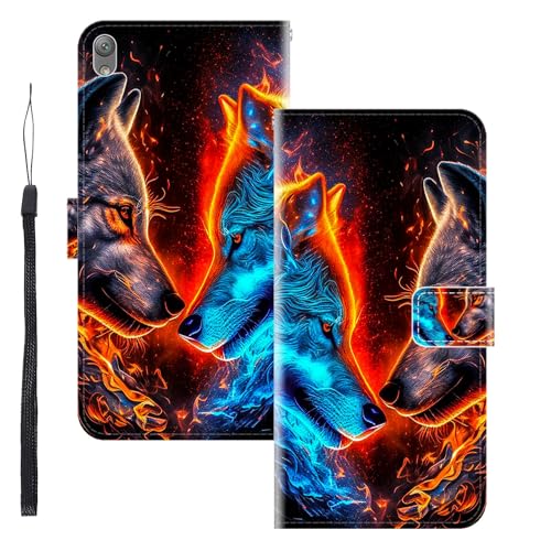 WUACYEAMING für Sony Xperia E5 Hülle Premium PU Leder Flip Klappbare Stoßfeste Magnetische Schutzhülle Tasche mit Kartenfach Geld Slot Ständer Zwei Wölfe
