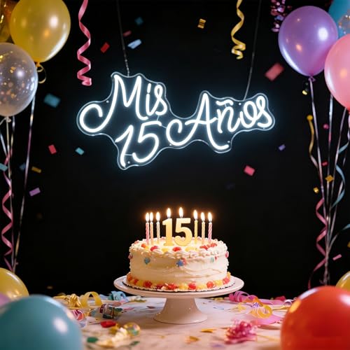 Image of Mis 15 Anos Neon Light Custom 15th Birthday Party Led Neon Light Signs Decor, Mis Quince Party Wall Decor, Sweet 15 Quinceanera Party Sign Gifts - for Her. Size:19.5x10inch- USB Powered (White)