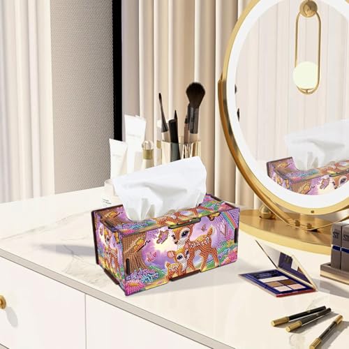 Image of DIY Diamond Painting Tissue Box - Wooden Rhinestone Art Kit with Deer Family Design, Nature Animal Themed Tissue Holder for Rustic Home or Office Desktop Decor
