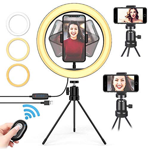 qOXOp LED-Selfie-Ringlicht mit Handy Stativ und Telefonhalter und Fernbedienung, 3 Lichtmodi +10 Helligkeitsstufen, 10…
