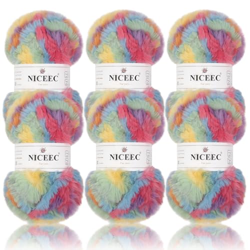 Image of NICEEC Faux Fur Yarn Super Soft, Chunky & Fluffy, Eyelash Yarn for Crochet & Knitting(Total Length 210yds /10.6oz) - Rainbow /300g