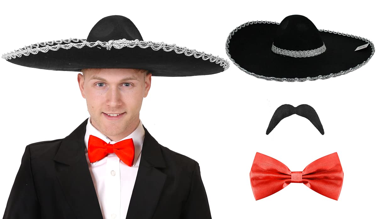 Mariachi Band Mens Spanish Fancy Dress Mexican Set Large Black Sombrero Dickie Bow Tie And Moustache