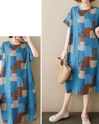 Image of LUZU JUNU Women's Summer Baggy Plus Size Loose Cotton Linen Long Boho Beach Dress with Pockets