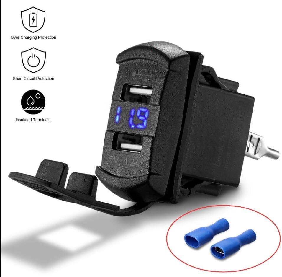 Miniatura 2 de Cargador de carga rápida de 4.2 A con interruptor basculante USB doble, voltímetro azul para barcos ATV UTV RZR SXS, Turbo, General, Ranger,