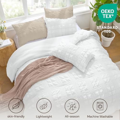 Image of BEDELITE Queen Comforter Set, Seersucker Bedding Set 3 Pieces, Bright White | All Season Use, Machine Washable, Soft and Lightweight, Ruched Comforter for Bedroom, Wrinkle-Resistant, Cozy and Stylish