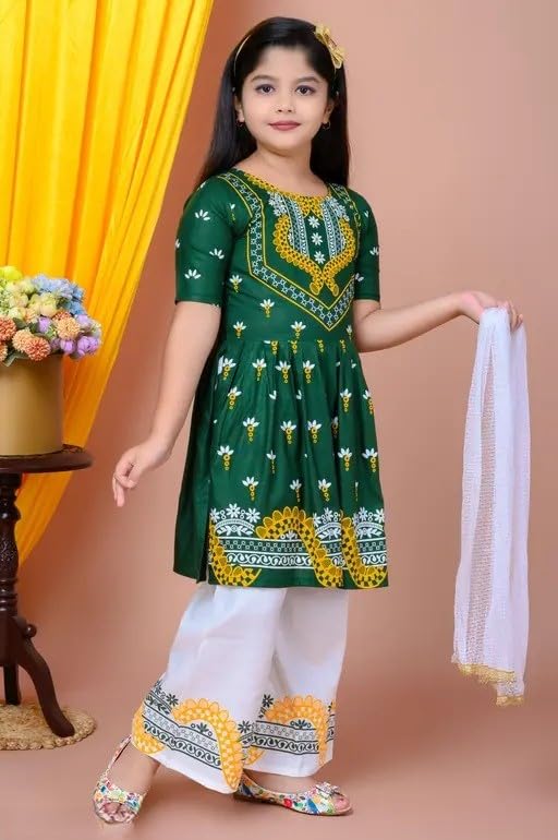 Image of Girls' Traditional Printed Kurti with Palazzo and Dupatta Set, Pink and White, Floral Design