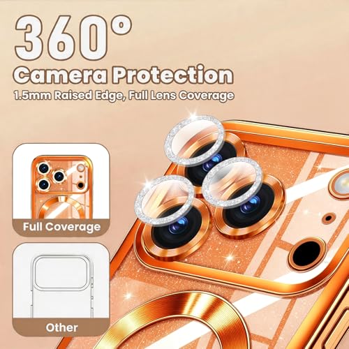 Image of Misscase for iPhone 17 Pro Max Case with Privacy Screen Protector, Built-in Lens Protector, Compatible with MagSafe, Anti-Yellowing Shockproof TPU, Bling Glitter Electroplated Cover 6.9 inch Orange