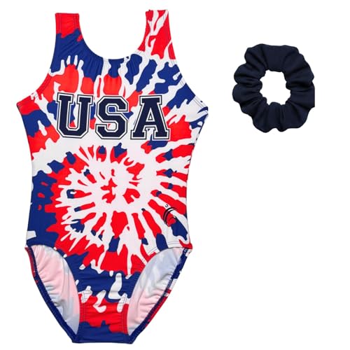 Garland Activewear Comfortable Gymnastics Leotards for Girls Including Matching Scrunchie (USA Tie Dye Adult Small (AS - Size 12-14))