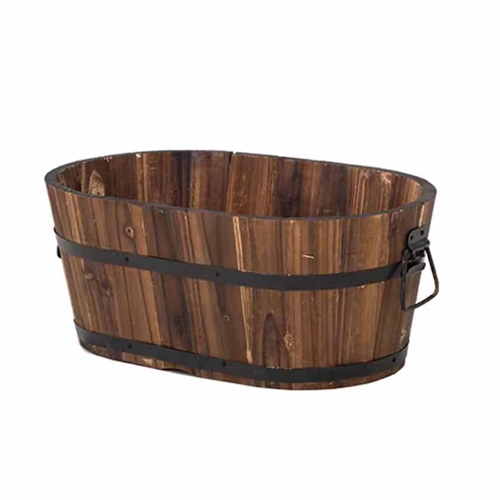 Dalumian Rustic Wooden Barrel Planter, Farmhouse Front Porch Planters, Drainage Holes & Iron Handles, Plants Boxes Container for Outdoor Indoor Garden Home Plants(Small)