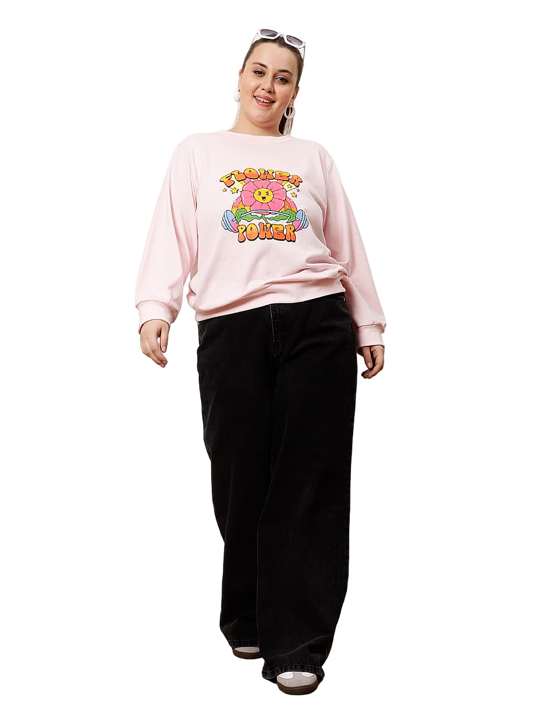 Athena Lifestyle Women and Girls Cotton Regular Long Sleeves Round Neck All Over Pink Flower Power Graphic Printed Casual Sweetshirt 4