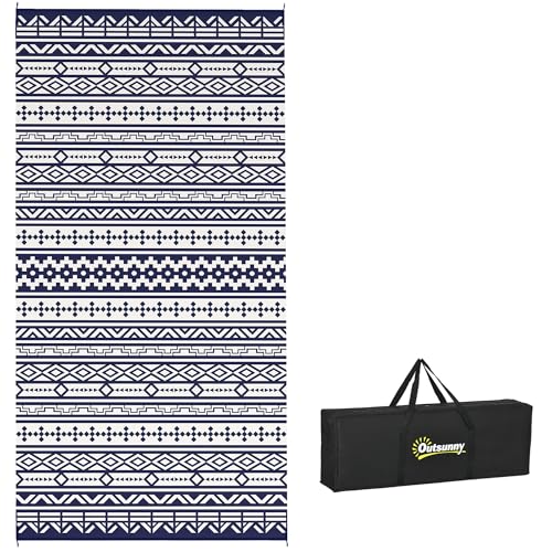 Outsunny Reversible Outdoor RV Rug with Carry Bag, 9′ x 18′ Patio Floor Mat, Plastic Straw Rug for Backyard, Deck, Picnic, Beach, Camping, Geometric Wall, Blue and White