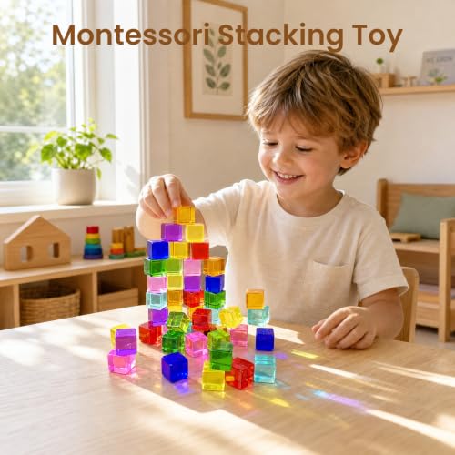 Image of Woodtoe 64 PCS Rainbow Building Blocks for Kids, Acrylic Gem Block Ages 3-6
