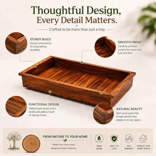 Image of ZENOVIA Wood Rectangular Serving Tray - Kitchen, Office Table, Small Size | Crafted Naturally for Everyday Home Storage, Desk Organization, and Organizing mall Household Items