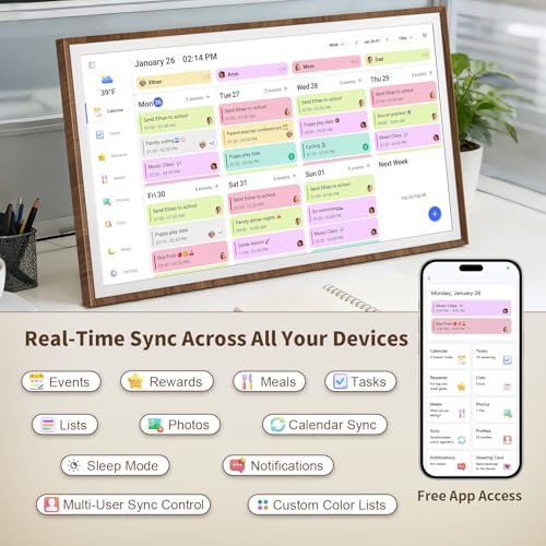 Image of 27 Inch Digital Calendar Chore Chart with Touchscreen - Full HD Interactive Display, Wall & Desk Mountable Family Planner, to-Do List & Meal Planner, Digital Picture Frame Gifts for Women Mom