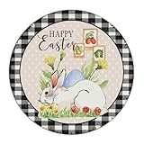 Happy Easter Bunny Rabbit Buffalo Check Rustic Metal Sign Vintage Entrance Door Art Wall Plaques Pink White Dots Home Decor Aluminum Tin Signs For Terrace Business Fence