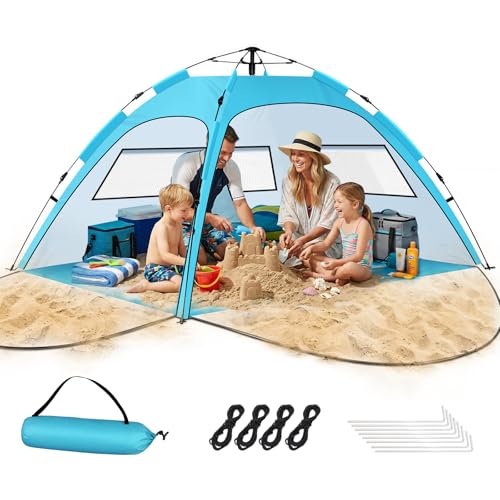 Pop Up Beach Tent Sun Shelter – Easy Set up in 3S Instant, Tents for 4/5 Person Beach Umbrella Sun Shelter Shade, UV 50+ Protection, Wind Resistant, Lightweight Portable Baby Tents Shade for Family
