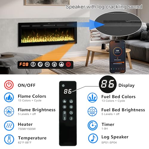 Image of 88 inch Electric Fireplace, Recessed or Wall Mounted, 5.5 inch Deep, 750W /1500W Quartz Heater, WiFi App, Alexa and Google Home, 13 Flame Colors