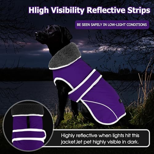 Image of Dogcheer Dog Coat, Waterproof Dog Jacket Reflective Pet Winter Coat with Adjustable Hook & Loop, Christmas Puppy Fleece Jacket Warm Turtleneck Snowsuit for Small Medium Large Dogs - Purple, 3XL