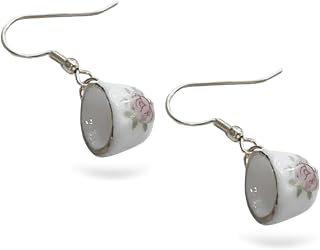 Cup Earrings | Quirky Miniature Earrings with Floral Accent, Funny Tea Mug Drop Dangle Earrings, Vintage Cottagecore Jewelry, Unique Modern Funny Accessories