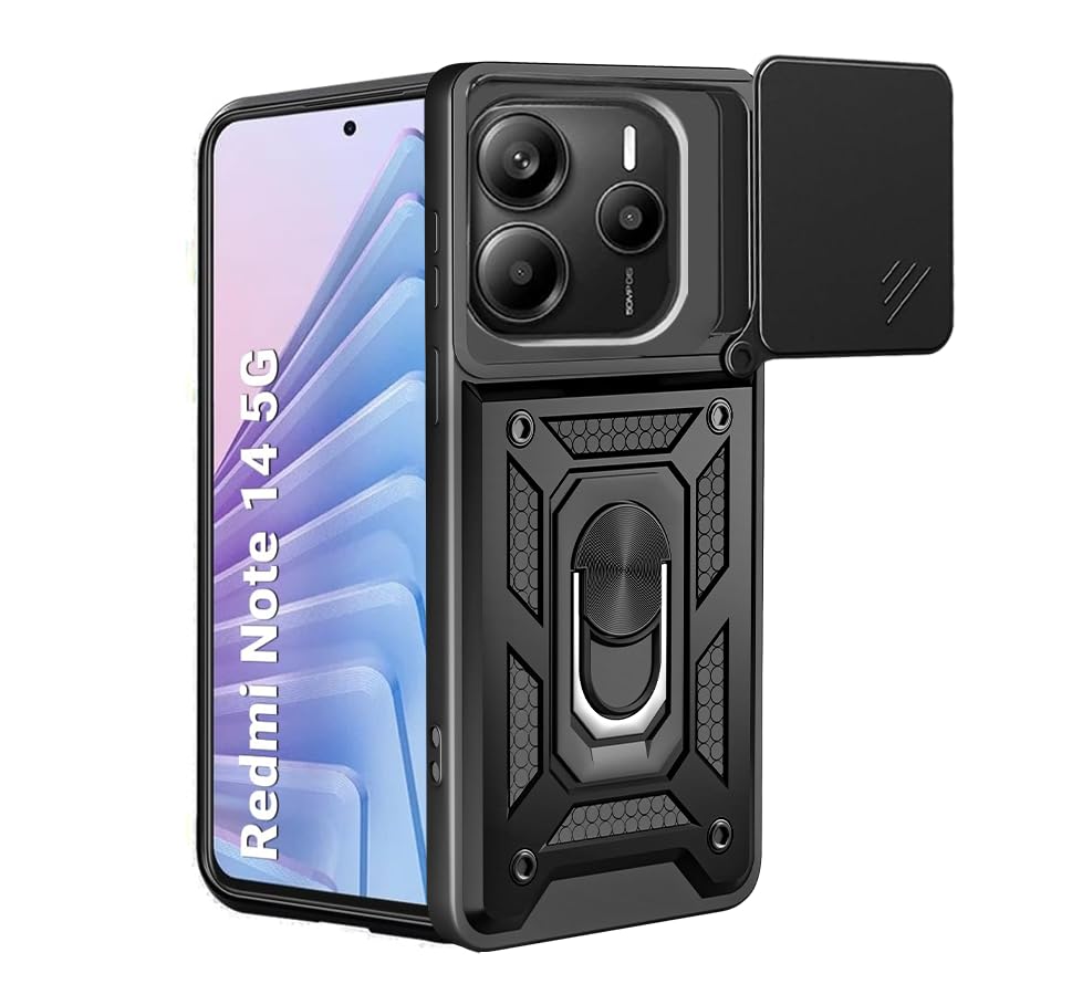 Image of Tough Armor Bumper Back Cover Case for Mi Redmi Note 14 5G | Sliding Camera Cover, Kickstand & Ring Holder 360 Degree Protection Back Cover for Mi Redmi Note 14 5G