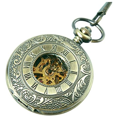 Mechanical Pocket Watch Skeleton Movement Pocket Hand Wind Roman Numerals Bronze Steampunk Cosplay - PW67 Cover