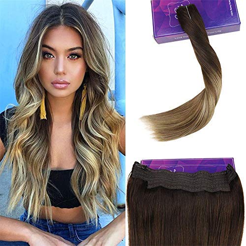 LaaVoo 14" Flip on Real Human Hair Extension Balayage Highlighted Dark Brown Fading to Medium Brown and Light Blonde Mircale Wire Straight Halo Hair Extension 80g 11inch Width