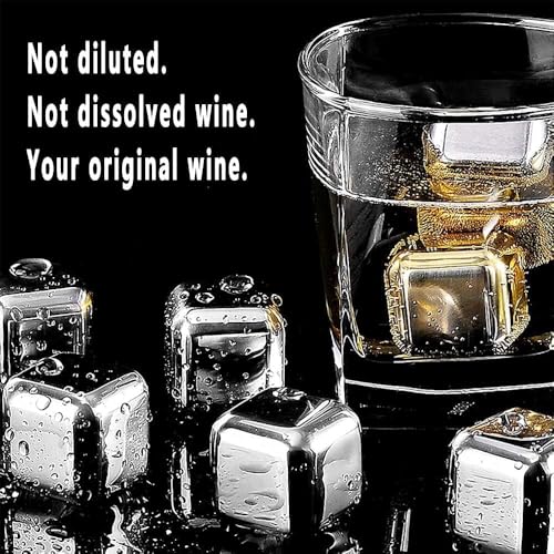 Image of 6 Stainless Steel Whiskey Stones Ice Cubes with Tongs & Container - Food Grade Quick-Frozen Ice for Red Wine, Whiskey, Cocktails - Reusable Metal Ice Cubes for Chilling Drinks (6 PIC)