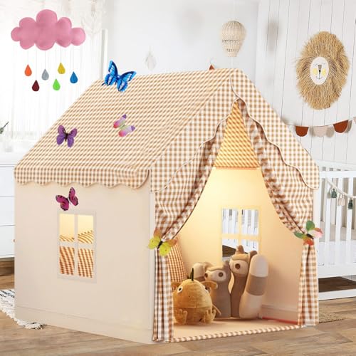 Kinderzelt, Kinder Spielhaus Indoor, Kinder Bettzelt, Kinderspielzelt, Prinzessin Zelt mit Fenstern,Schmetterlingsdeko,Wolkenanhänger,Kinderspielhaus,Spielzelt für Jungen Mädchen 3-12 Jahre (kk)