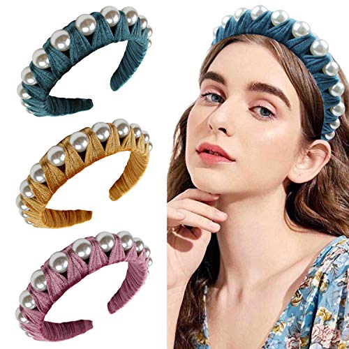YANJIE 3 Pack Velvet Pearls Headbands for Women Girls,Vintage Hairbands Hair accessories for Brithday Christmas Party,Fashion Hair Hoops (Pink,Yellow,Dark green)