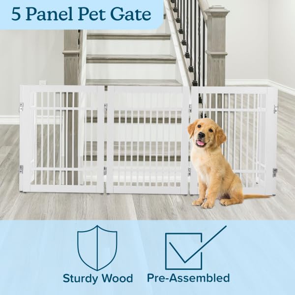 Freestanding Dog Gate - 5-Panel Foldable Indoor Pet Fence - 91x24-Inch Extra Wide Wood Dog Gate for Stairs, Hallways or Doorways by PETMAKER (White)