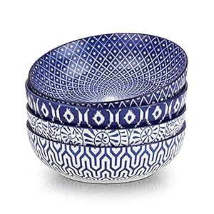 Selamica Ceramic 30 Ounce Large Pasta Bowls 8 inch Serving Bowls Wide and Shallow Microwave Dishwasher Safe Bowls Set of 4, Vintage Blue
