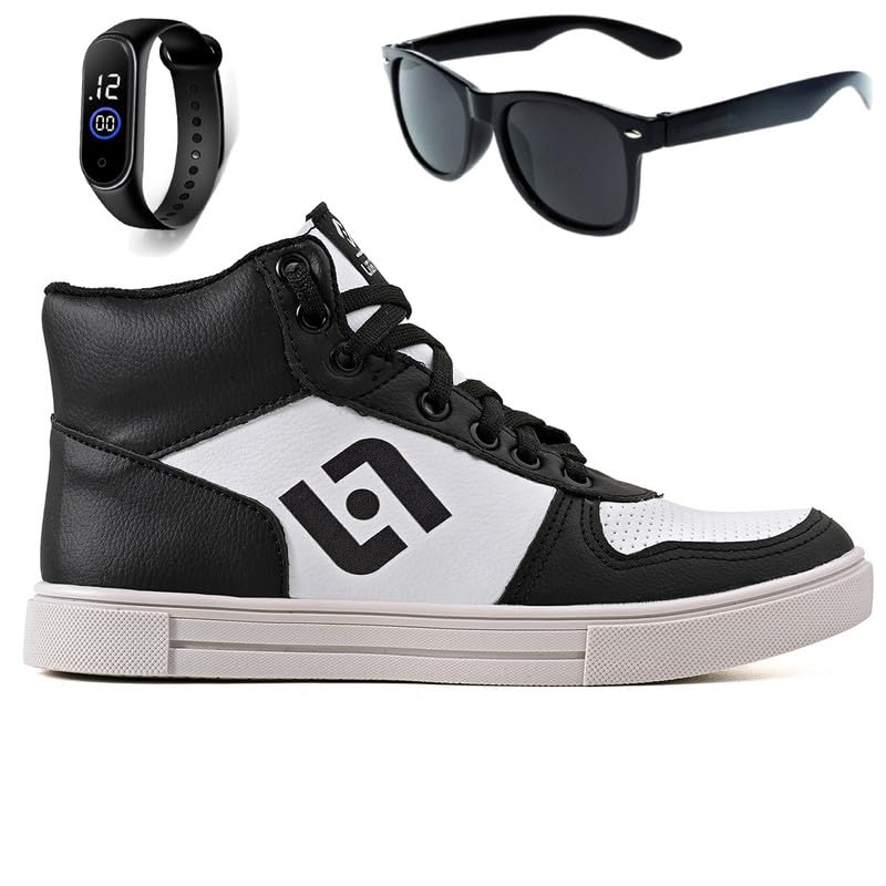 Light - Kids Shoes Kit with Watch & Sunglasses - High-Top Shoes for Boys, Quality Material Kid Sneakers - Size Big Kid 1 - Black & White