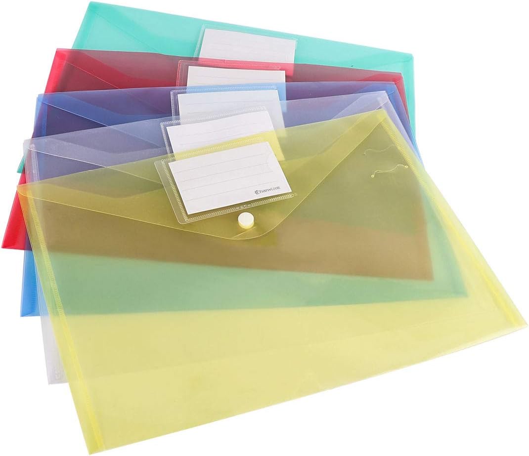 Xzyppci Plastic Envelopes Poly Envelopes, 40 Pack Clear Document Folders US Letter A4 Size File Envelopes with Label Pocket & Snap Button for School Home Work Office Organization, 5 Assorted Colors : Office Products