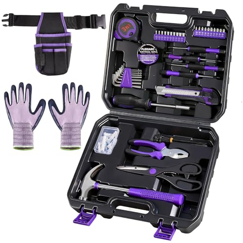 FlexiArc General Household Tool Set - Purple Hand Tool Kit with Waist Pouch & Gloves Tool Kit for Women Everyday Home Repairs DIY and Crafts 112 pcs