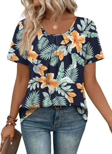 Image of WIHOLL Women T Shirts Pleated Short Sleeve Tops Business Casual Dressy Blouses