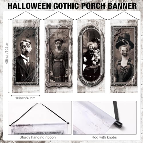 Image of Panelee 4 Pcs Halloween Gothic Banner 3D Changing Face Moving Portrait Banner Decorations Halloween Horror Scary Porch Sign Backdrop for Indoor Outdoor Haunted Wall Hanging Decor