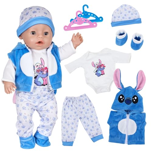 7 Stück Puppenkleidung Blaue Kleidung Outfit für 35-43 cm Baby Puppen mit Jacke Oberteil Hose Mütze Socken 2 Kleiderbügel für 14-18 Zoll Puppen Baby Zubehör Geschenke für Mädchen Jungen